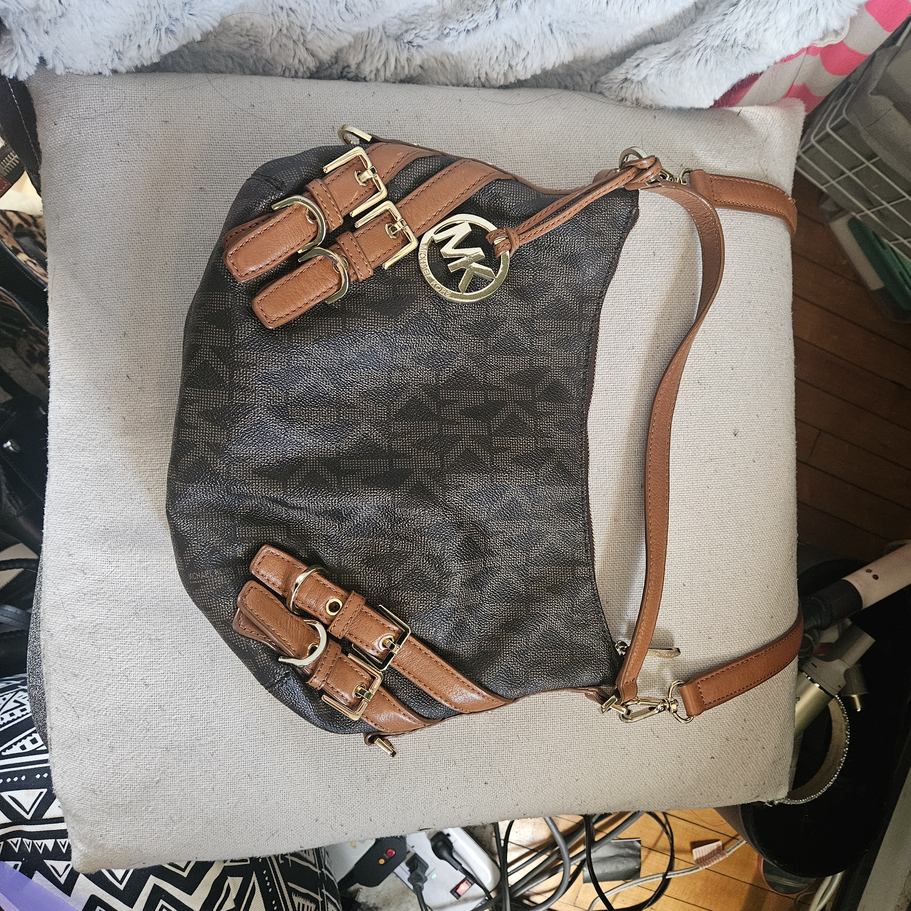 Michael Kors Brown Logo Hobo With Tan Leather Trim And Gold Mk Charm